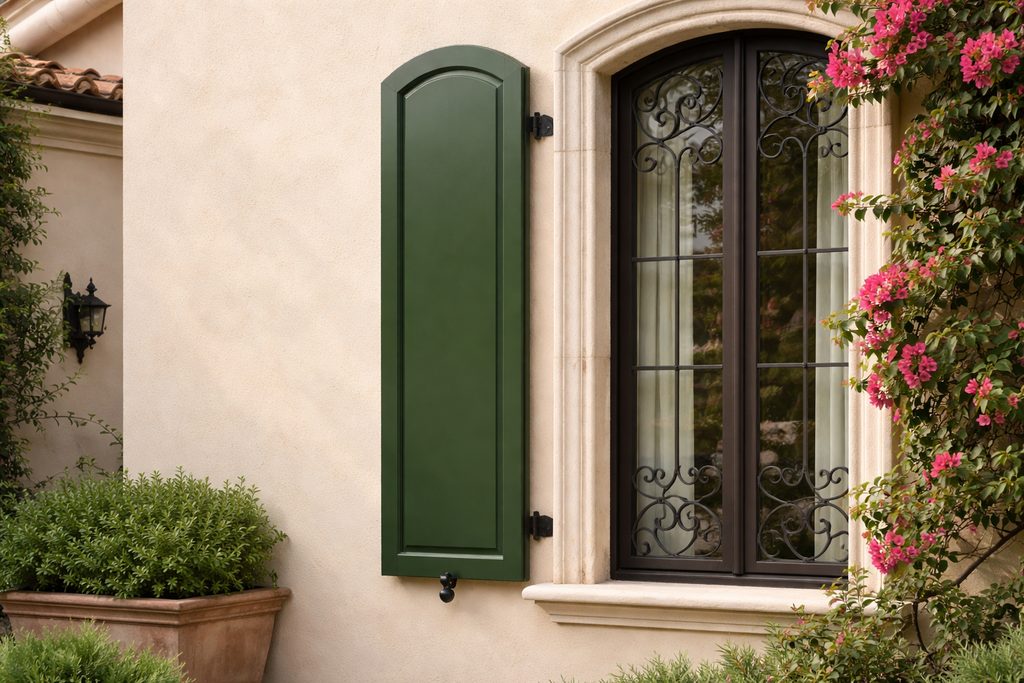 Solid Western Red Cedar arched shutters, custom handcrafted by Estate Millwork