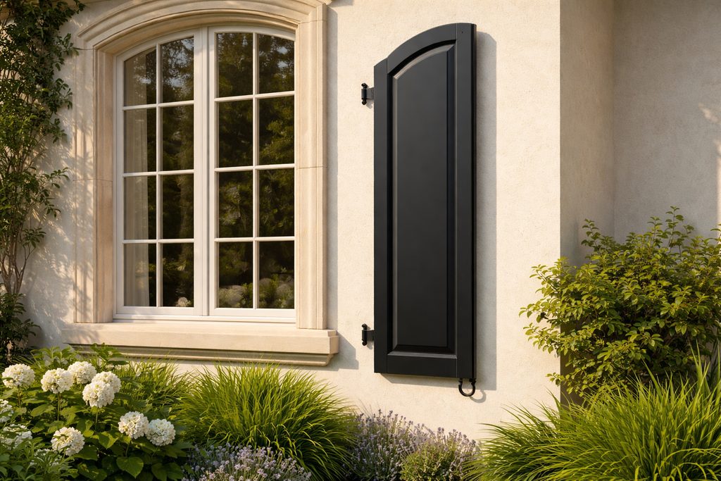 Solid White Oak arched shutters, custom handcrafted by Estate Millwork