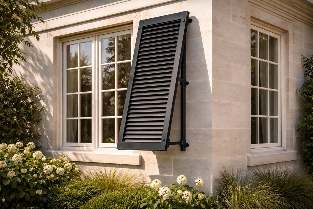 Solid Azek bahama shutters, custom handcrafted by Estate Millwork