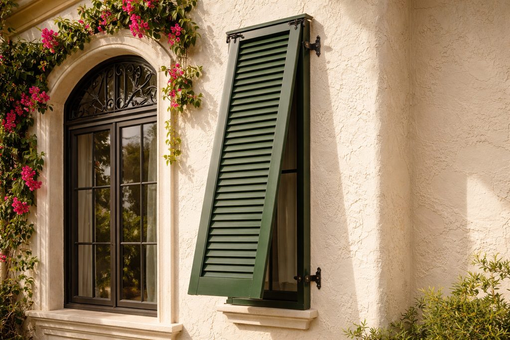 Solid Cypress bahama shutters, custom handcrafted by Estate Millwork