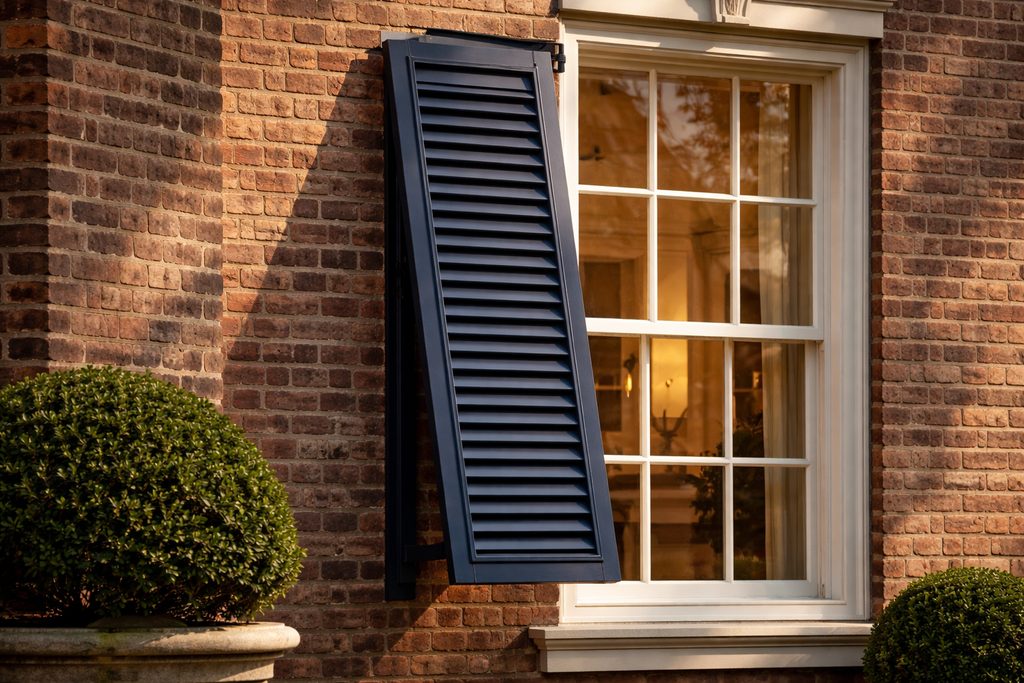 Solid Knotty Alder bahama shutters, custom handcrafted by Estate Millwork