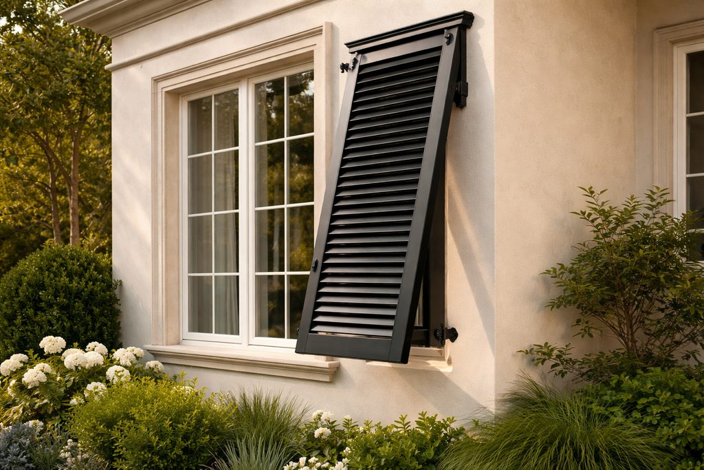 Solid Mahogany bahama shutters, custom handcrafted by Estate Millwork