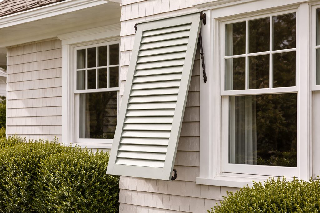Solid Sapele bahama shutters, custom handcrafted by Estate Millwork