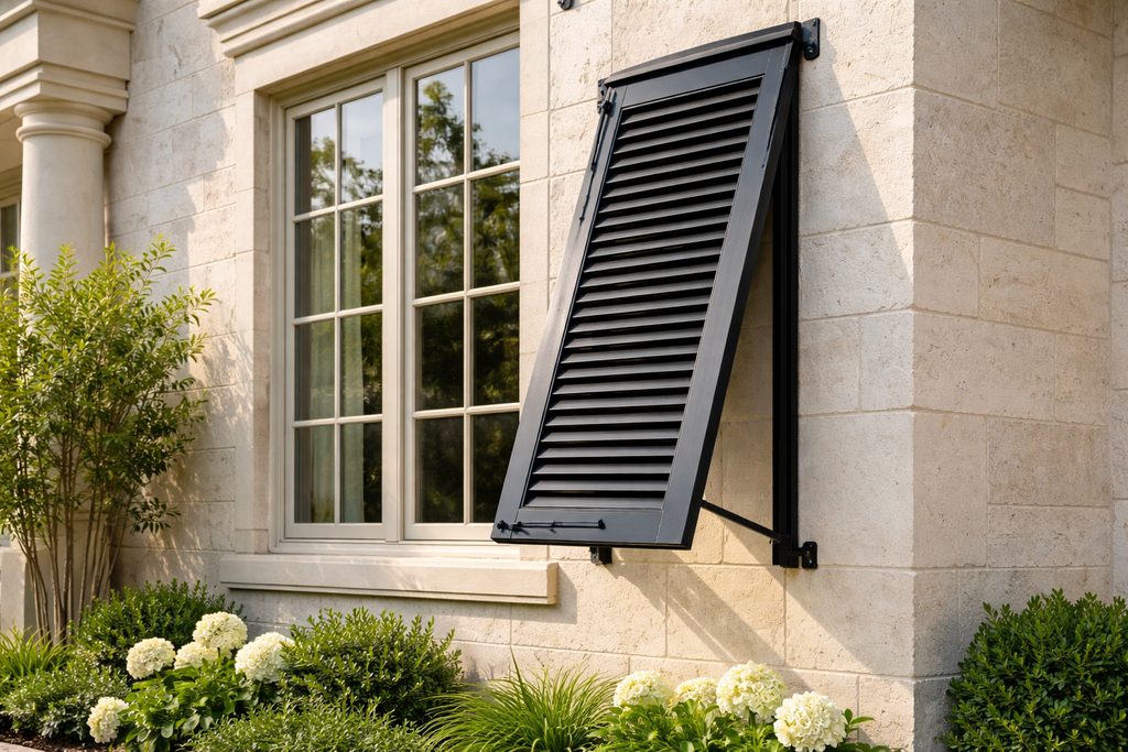 Solid Teak bahama shutters, custom handcrafted by Estate Millwork