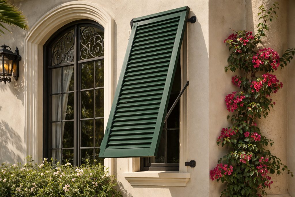 Solid Western Red Cedar bahama shutters, custom handcrafted by Estate Millwork