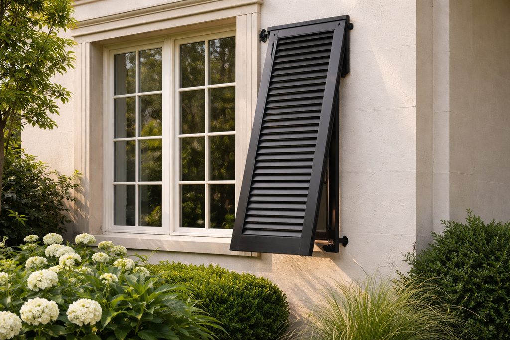 Solid White Oak bahama shutters, custom handcrafted by Estate Millwork