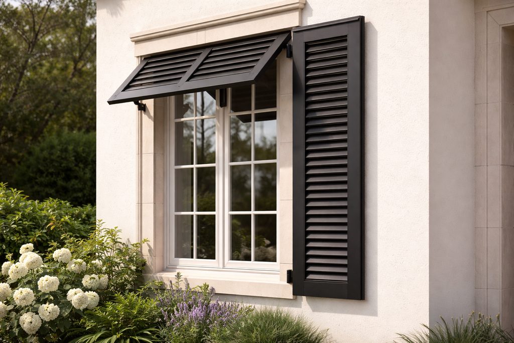 Solid Azek bermuda shutters, custom handcrafted by Estate Millwork