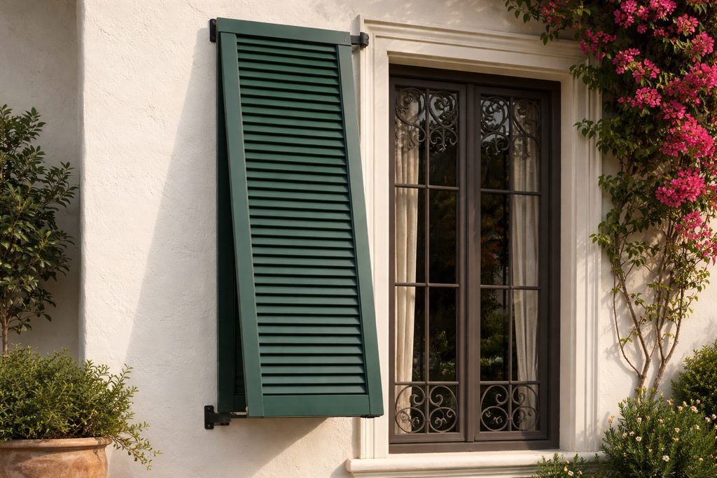 Solid Cypress bermuda shutters, custom handcrafted by Estate Millwork