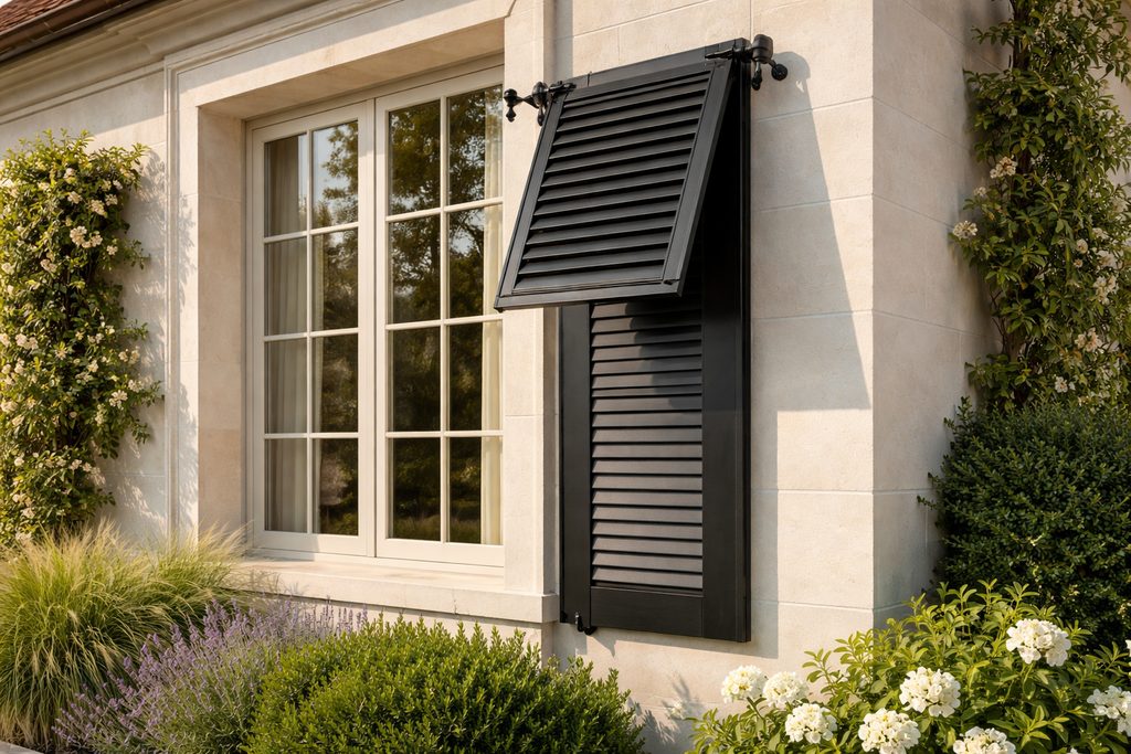 Solid Mahogany bermuda shutters, custom handcrafted by Estate Millwork