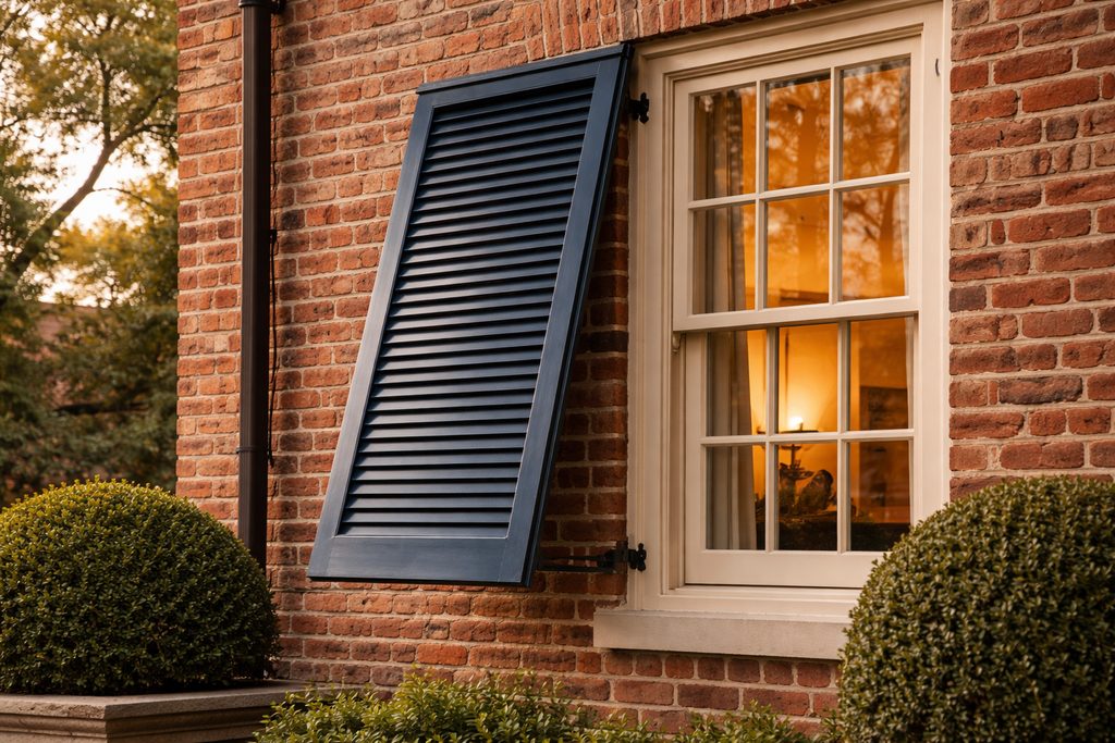 Solid Spanish Cedar bermuda shutters, custom handcrafted by Estate Millwork