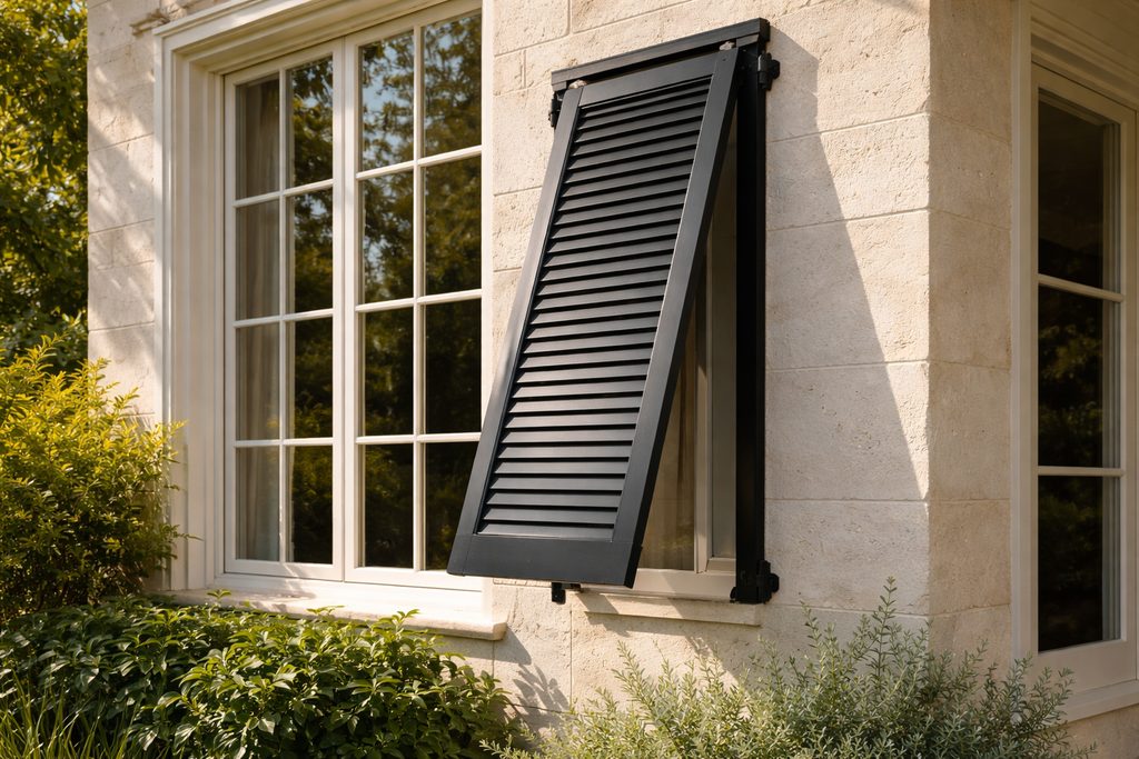 Solid Teak bermuda shutters, custom handcrafted by Estate Millwork