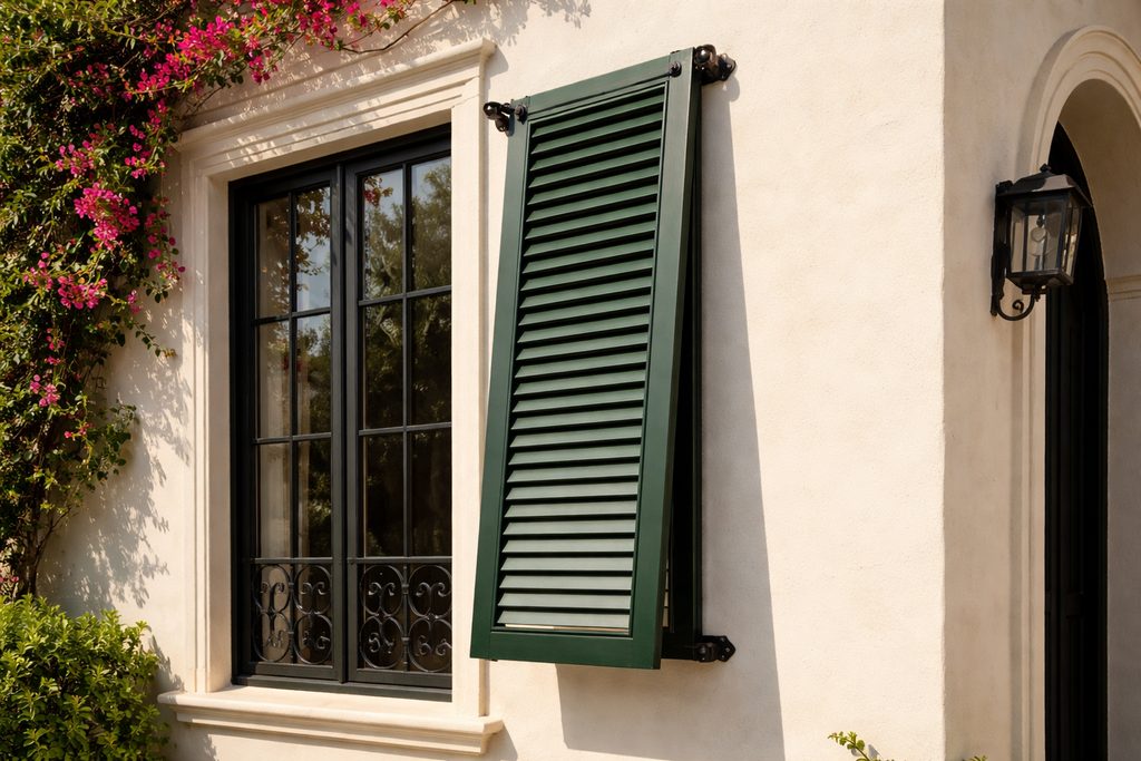 Solid Western Red Cedar bermuda shutters, custom handcrafted by Estate Millwork