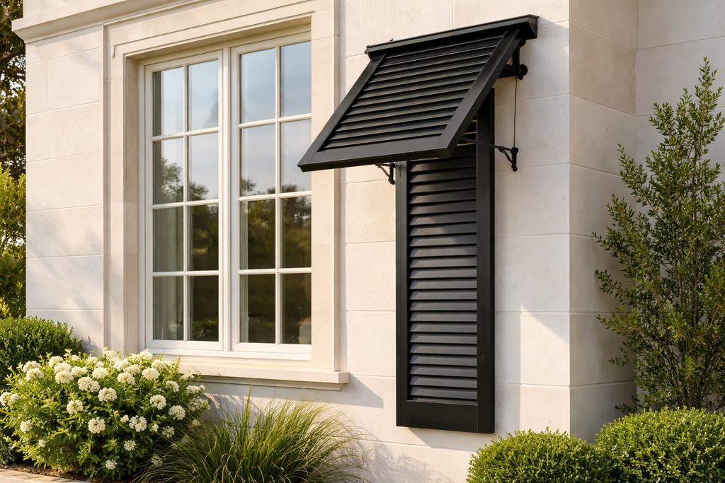 Solid White Oak bermuda shutters, custom handcrafted by Estate Millwork