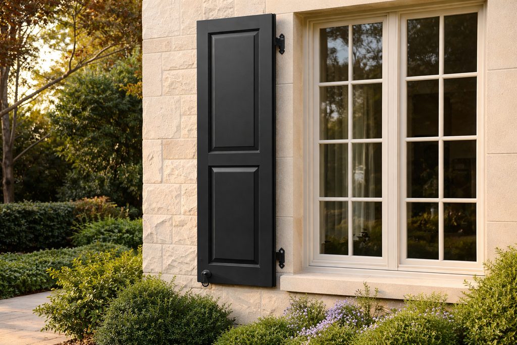 Solid Azek flat panel shutters, custom handcrafted by Estate Millwork