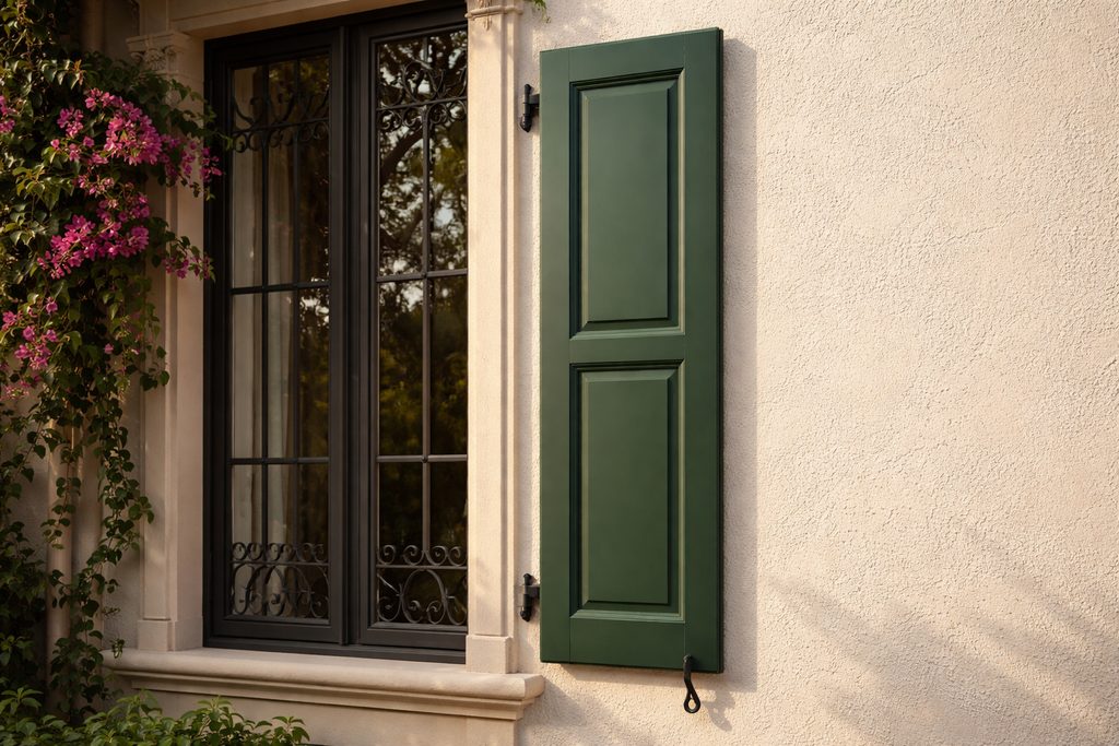 Solid Cherry flat panel shutters, custom handcrafted by Estate Millwork