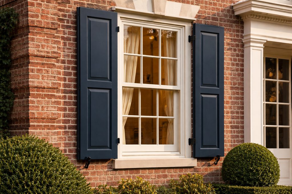 Solid Red Oak flat panel shutters, custom handcrafted by Estate Millwork