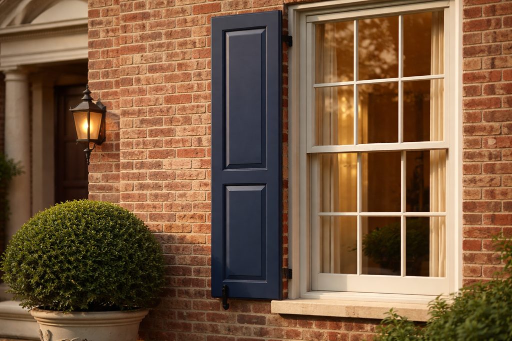 Solid Spanish Cedar flat panel shutters, custom handcrafted by Estate Millwork