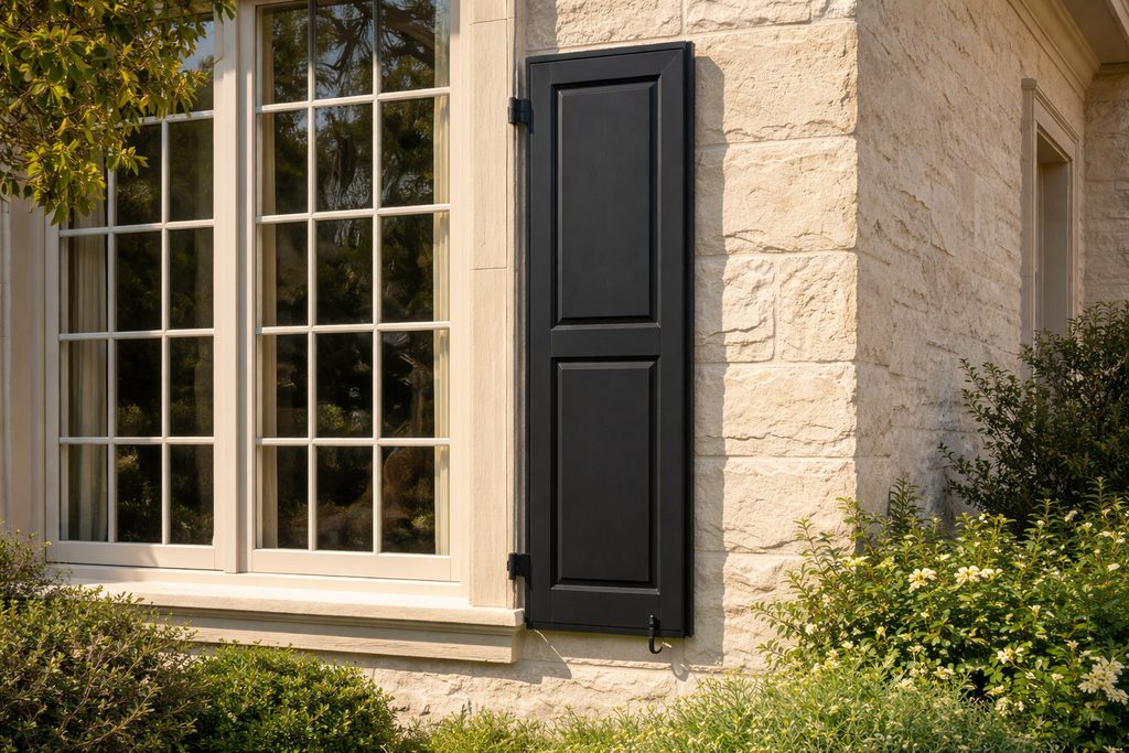 Solid Teak flat panel shutters, custom handcrafted by Estate Millwork