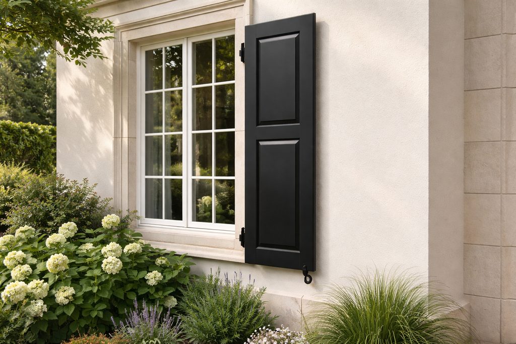 Solid White Oak flat panel shutters, custom handcrafted by Estate Millwork