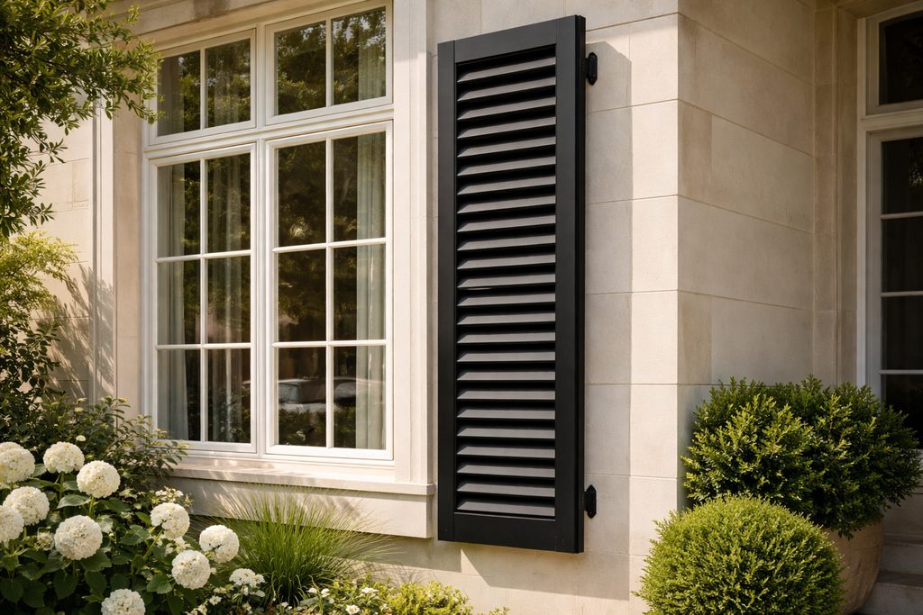 Solid Azek louvered shutters, custom handcrafted by Estate Millwork