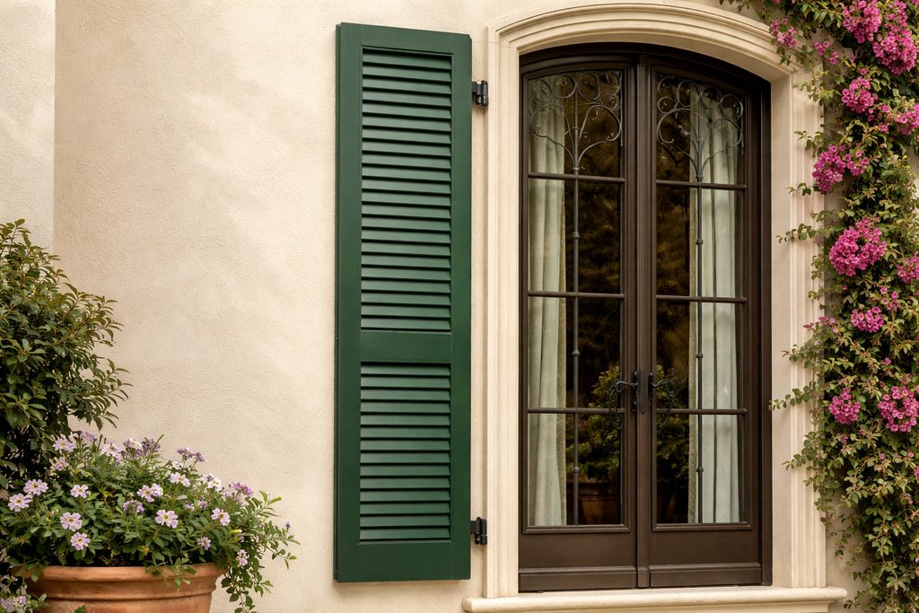 Solid Cherry louvered shutters, custom handcrafted by Estate Millwork