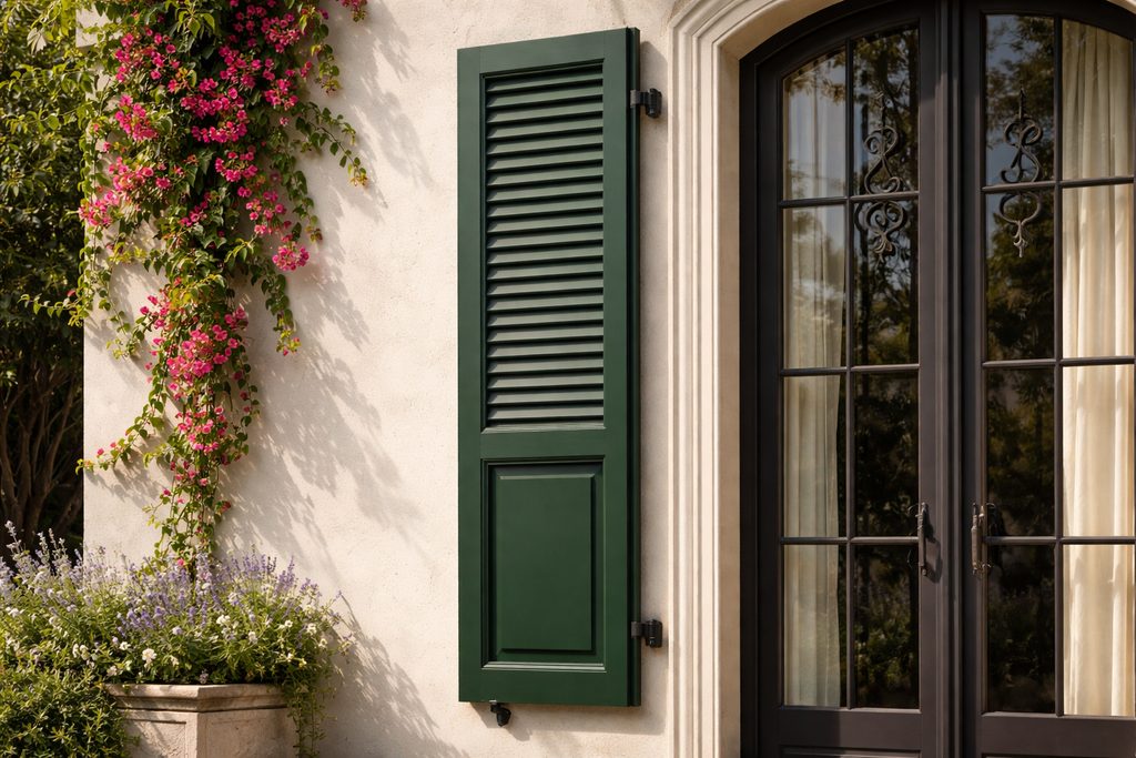 Solid Cypress louvered shutters, custom handcrafted by Estate Millwork