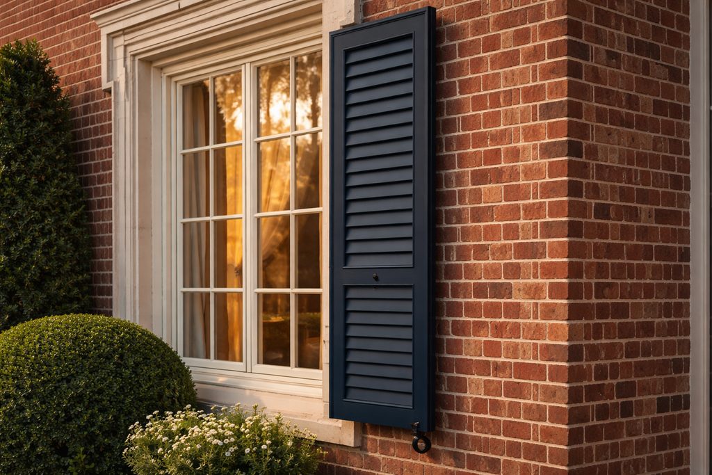Solid Knotty Alder louvered shutters, custom handcrafted by Estate Millwork