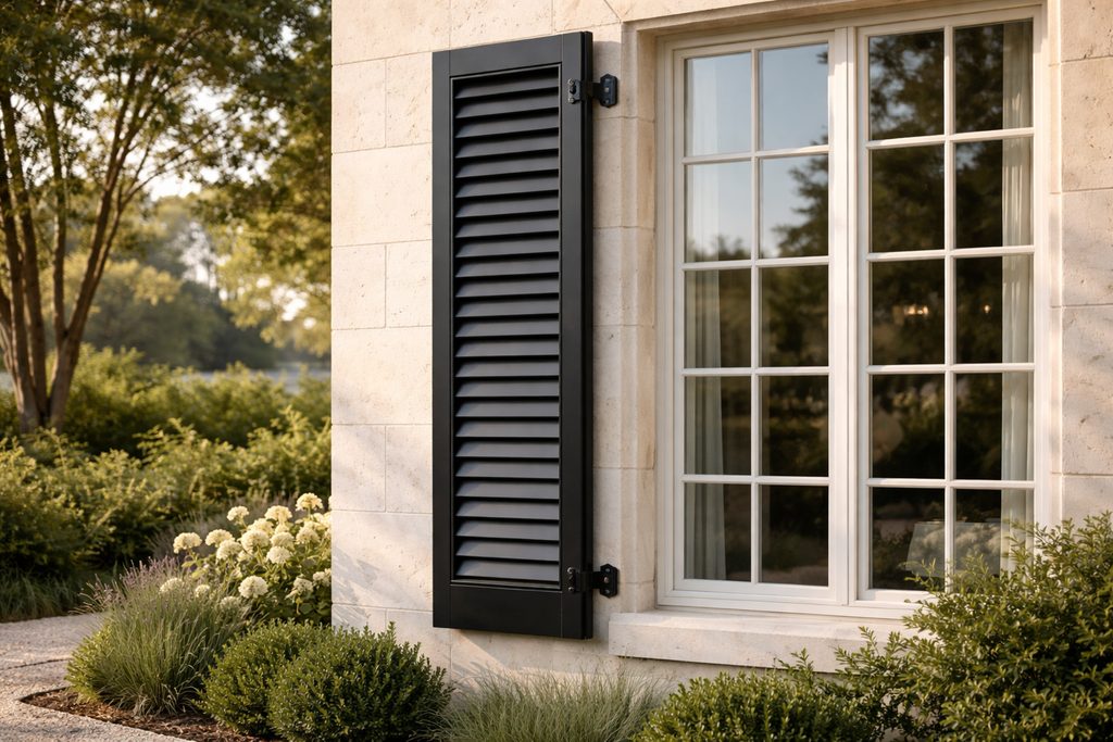 Solid Mahogany louvered shutters, custom handcrafted by Estate Millwork