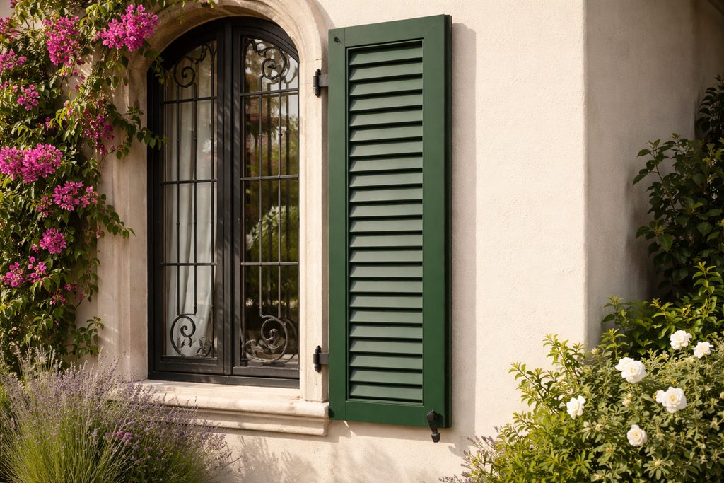 Solid Maple louvered shutters, custom handcrafted by Estate Millwork