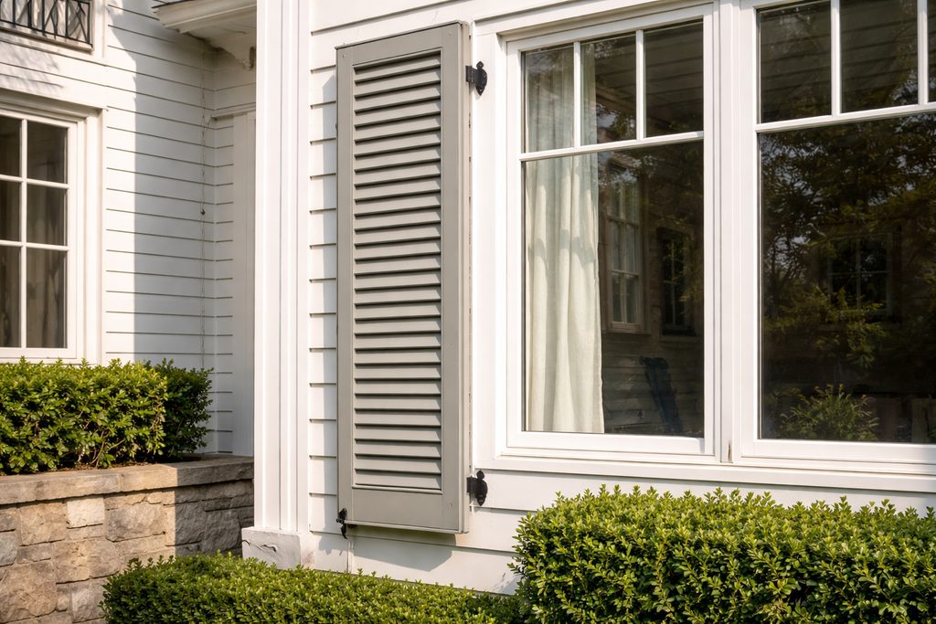 Solid Poplar louvered shutters, custom handcrafted by Estate Millwork