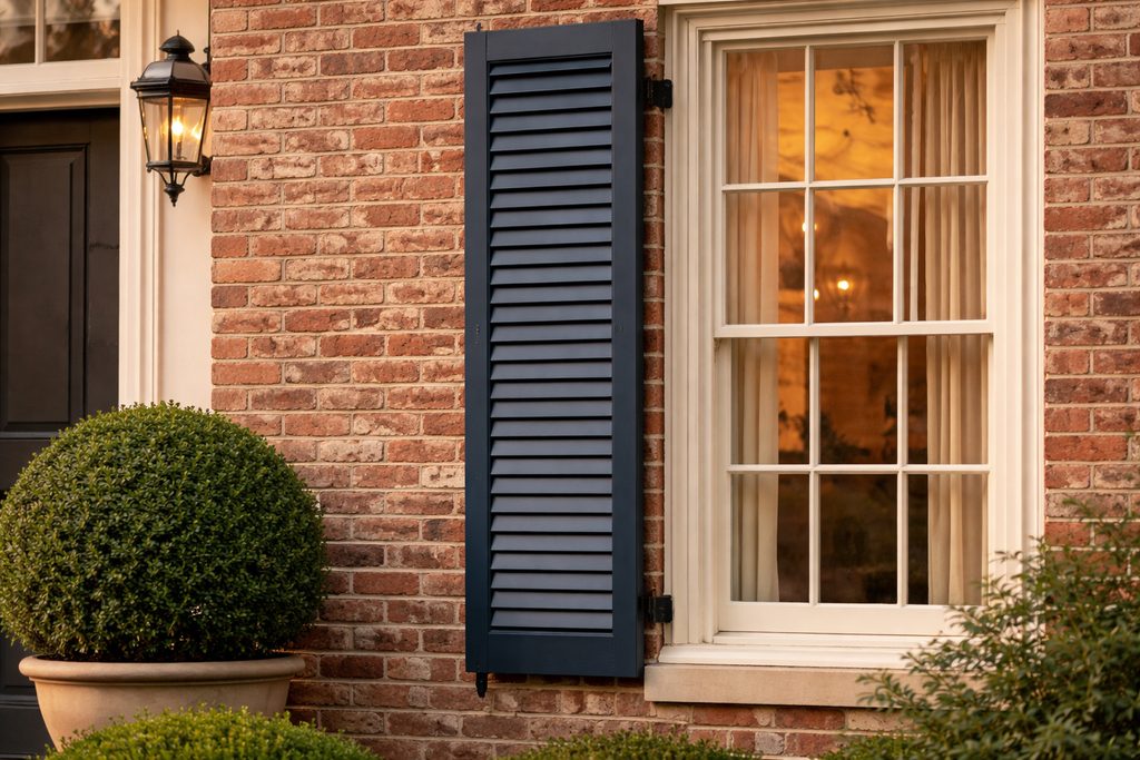 Solid Red Oak louvered shutters, custom handcrafted by Estate Millwork