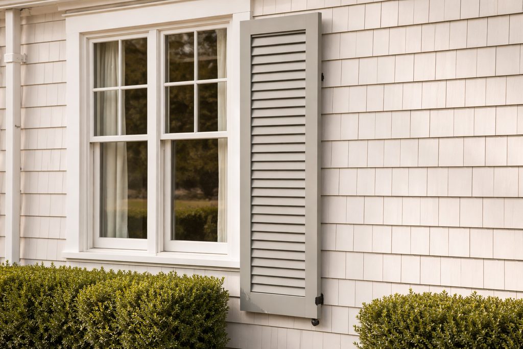 Solid Sapele louvered shutters, custom handcrafted by Estate Millwork