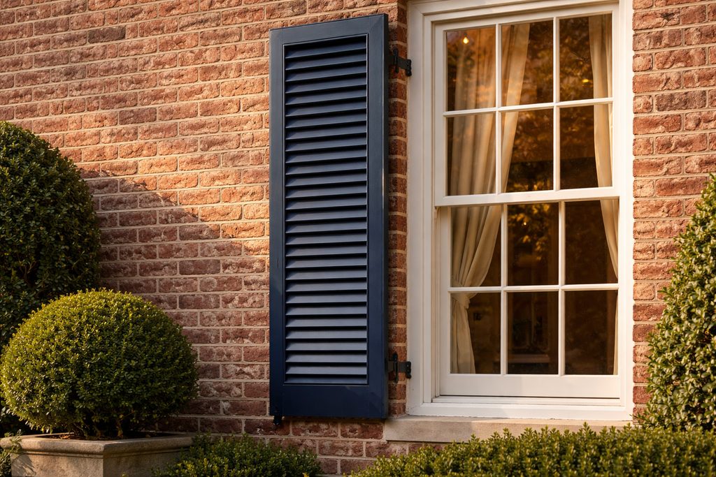 Solid Spanish Cedar louvered shutters, custom handcrafted by Estate Millwork