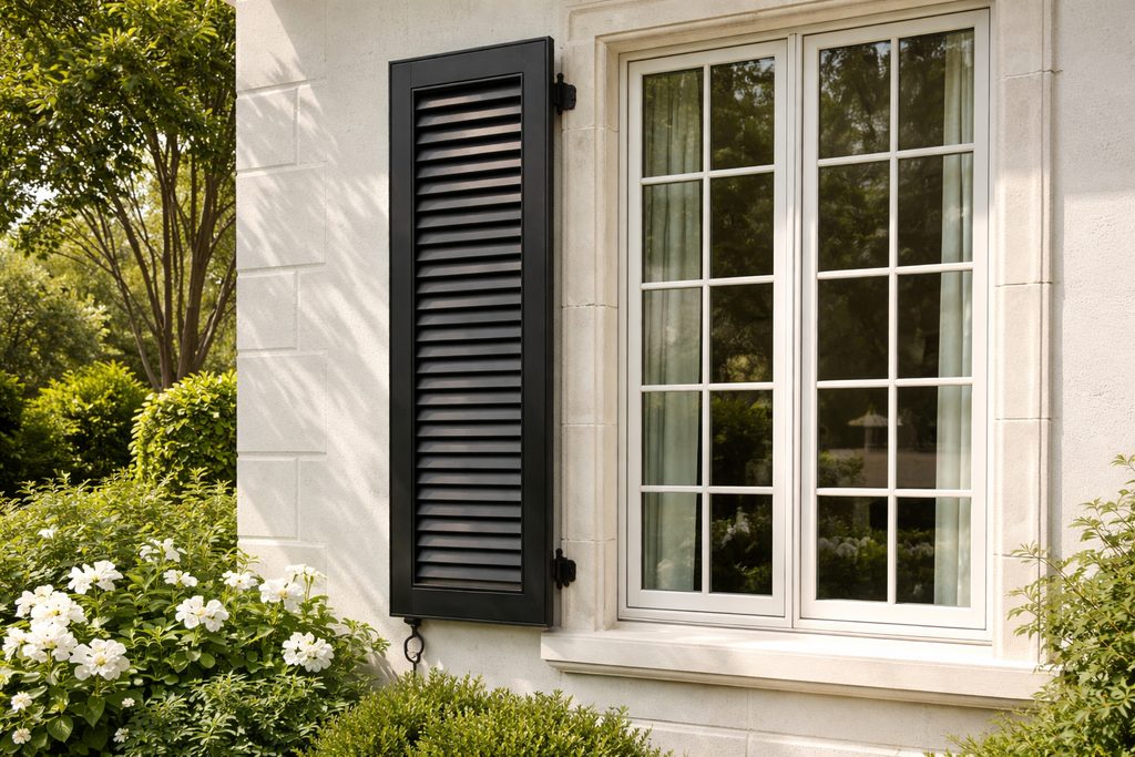 Solid Teak louvered shutters, custom handcrafted by Estate Millwork