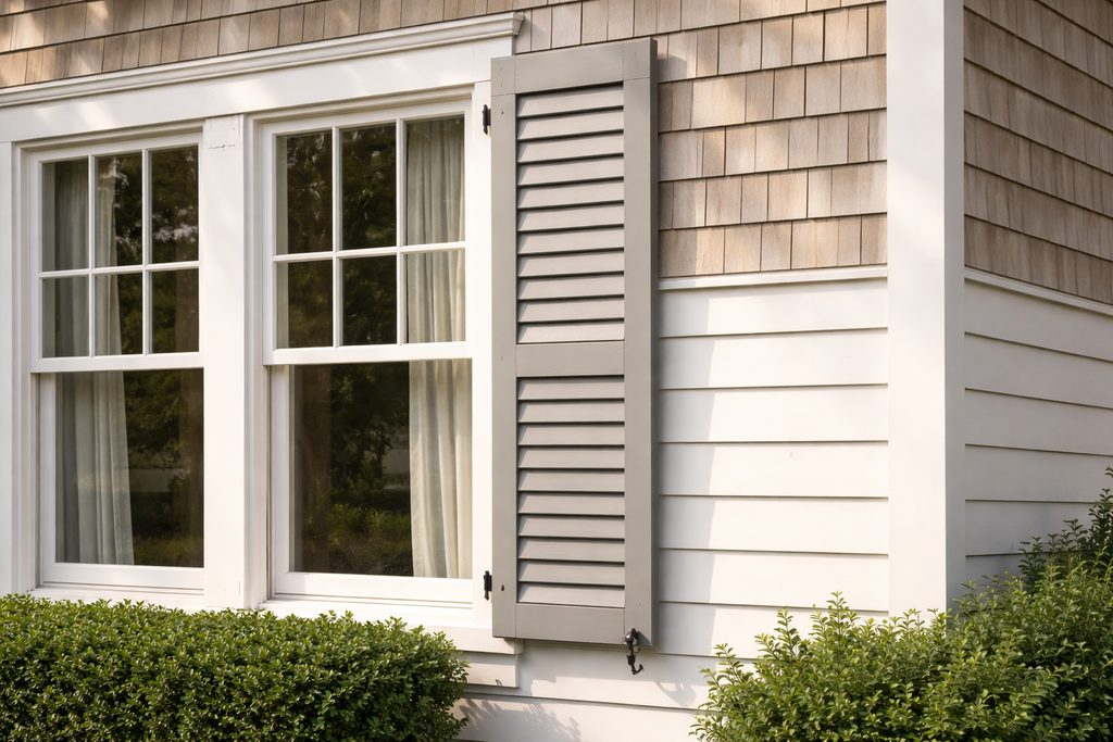 Solid Walnut louvered shutters, custom handcrafted by Estate Millwork