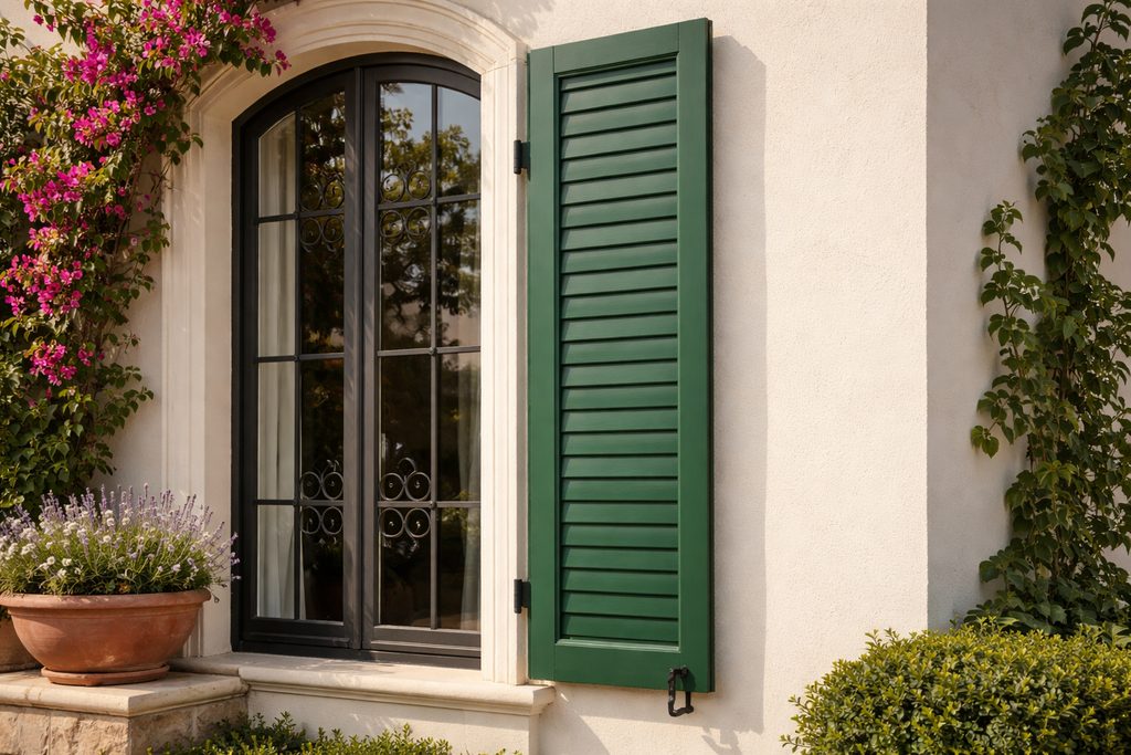Solid Western Red Cedar louvered shutters, custom handcrafted by Estate Millwork