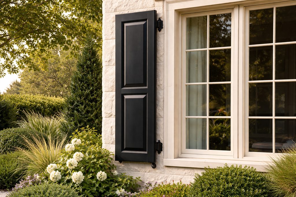 Solid Azek raised panel shutters, custom handcrafted by Estate Millwork