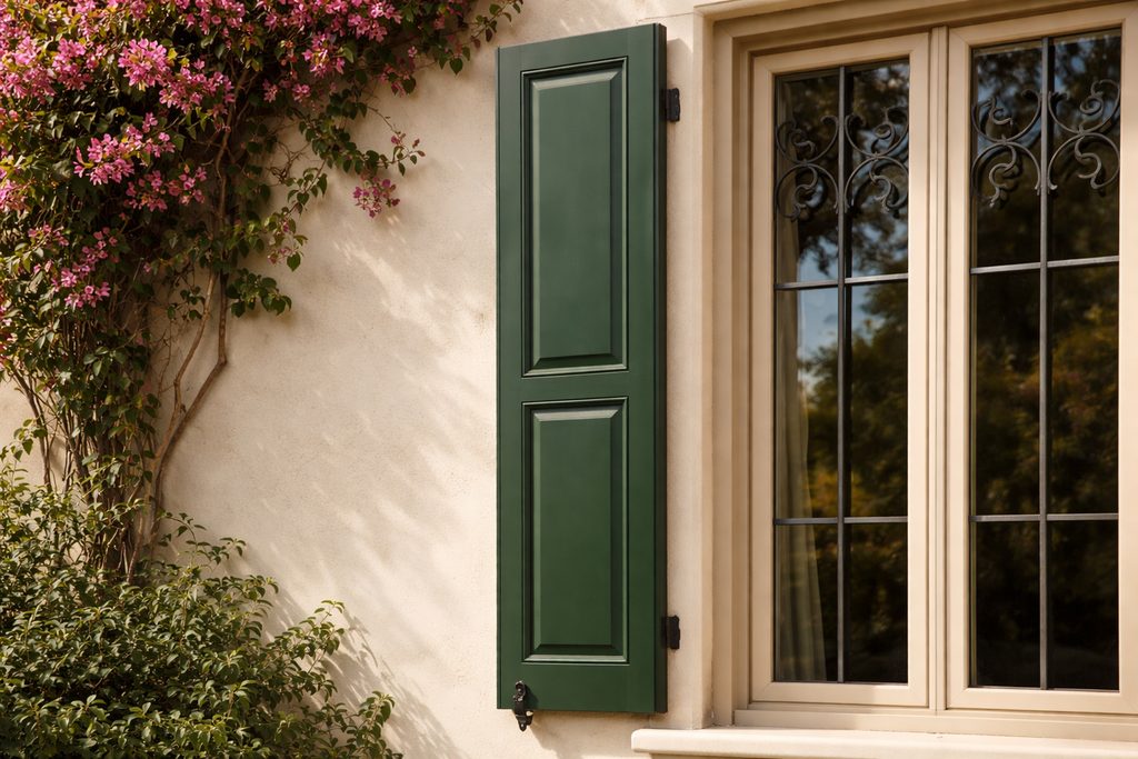 Solid Cherry raised panel shutters, custom handcrafted by Estate Millwork