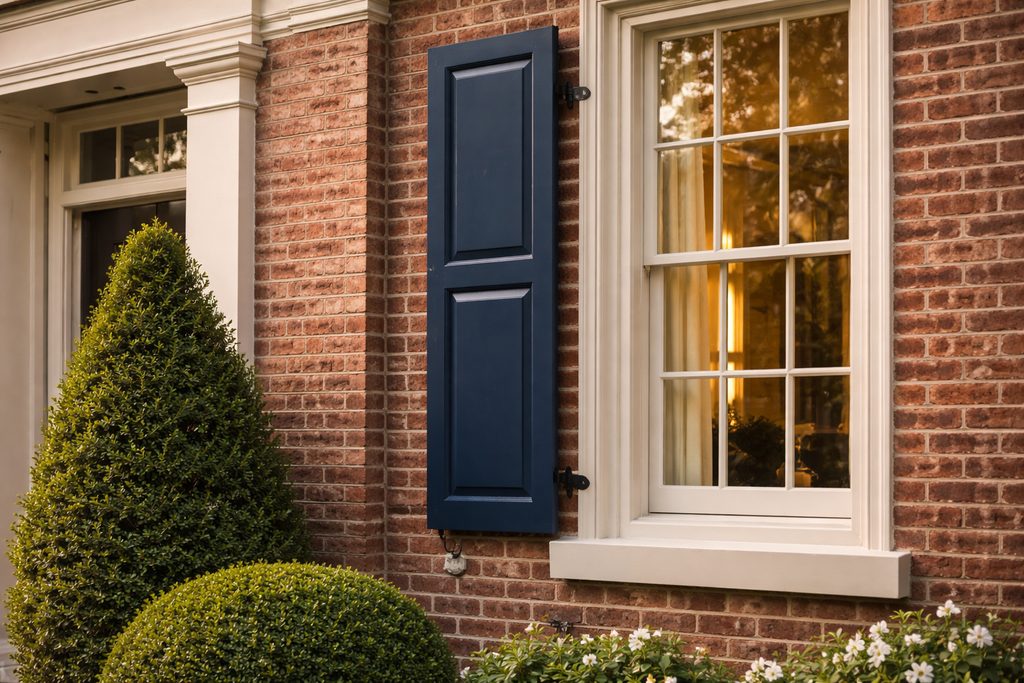 Solid Knotty Alder raised panel shutters, custom handcrafted by Estate Millwork