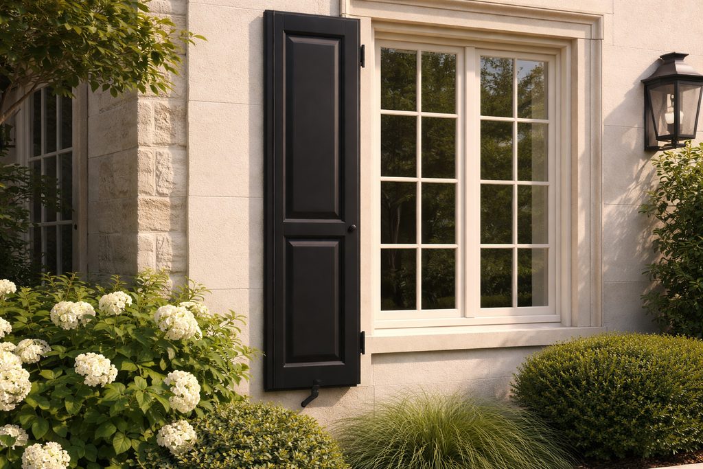 Solid Mahogany raised panel shutters, custom handcrafted by Estate Millwork