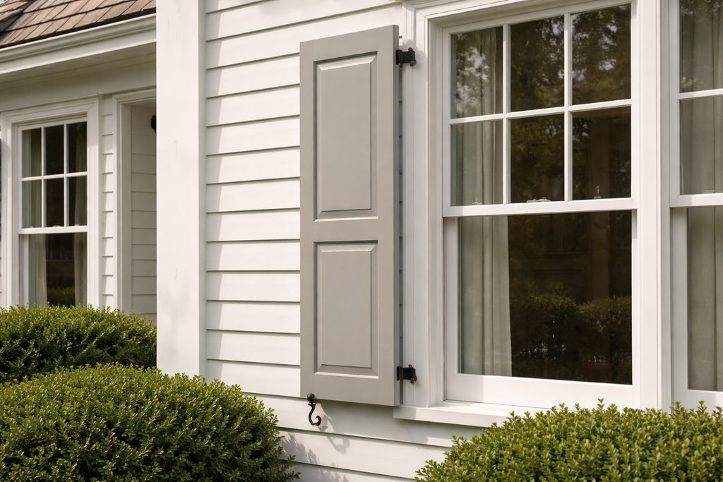 Solid Sapele raised panel shutters, custom handcrafted by Estate Millwork