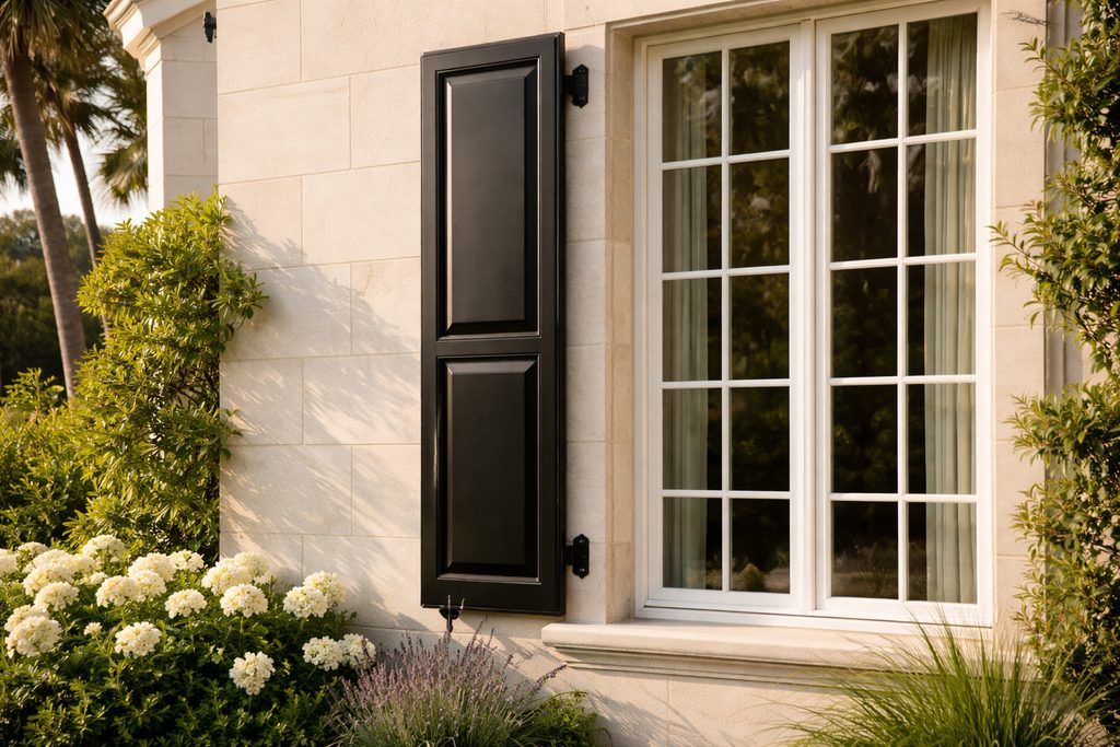 Solid Teak raised panel shutters, custom handcrafted by Estate Millwork