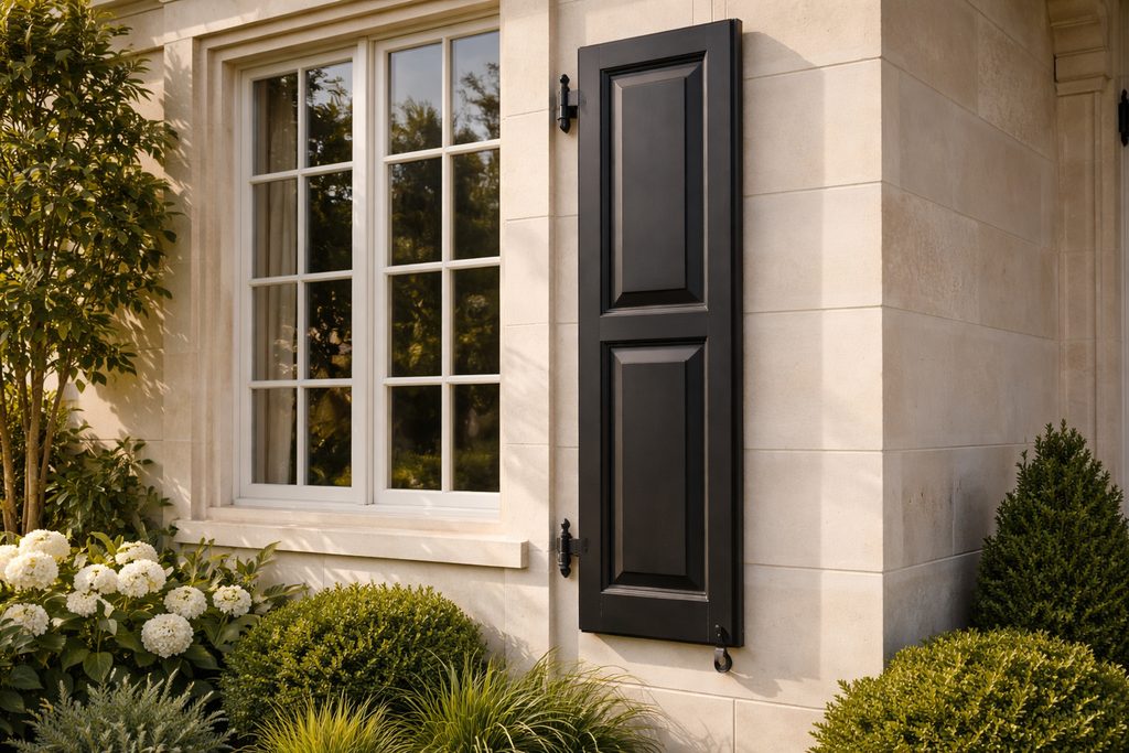 Solid White Oak raised panel shutters, custom handcrafted by Estate Millwork