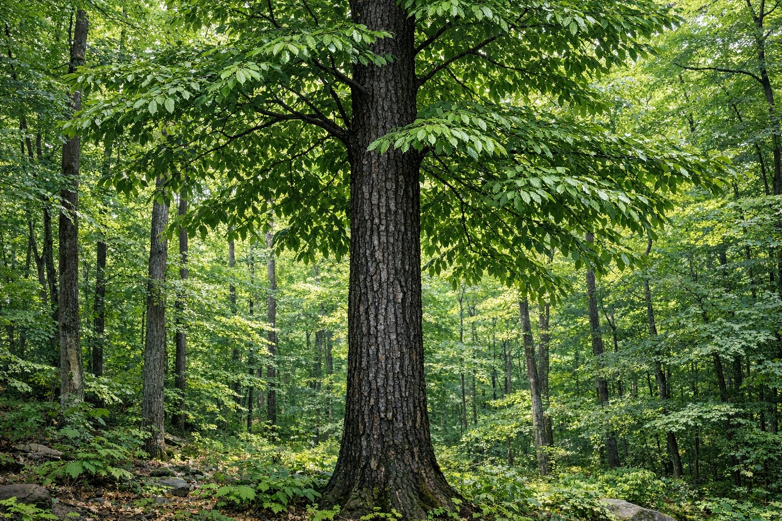 American Black Cherry tree (Prunus serotina) with its green canopy in an Appalachian hardwood forest