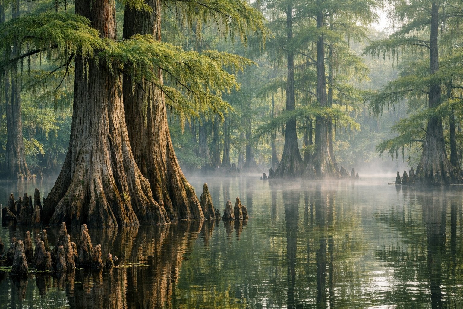 Bald Cypress trees (Taxodium distichum) rising from a southern river swamp with cypress knees