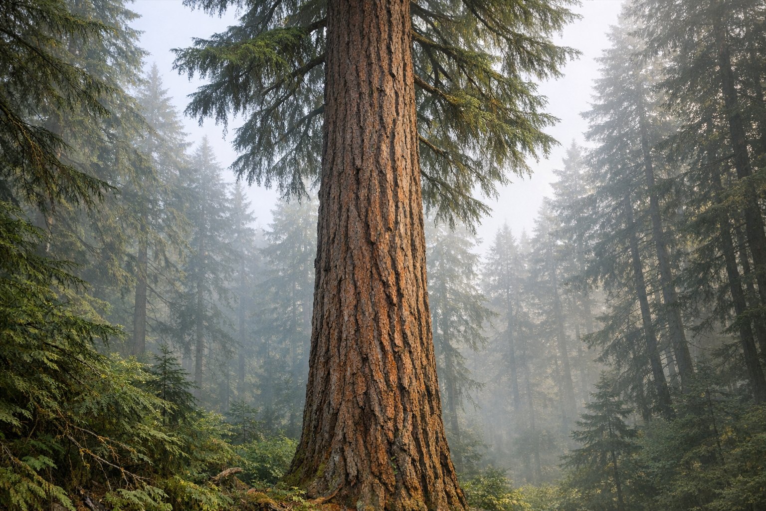 Douglas Fir tree (Pseudotsuga menziesii) with a tall spire-like canopy in a Pacific Northwest forest