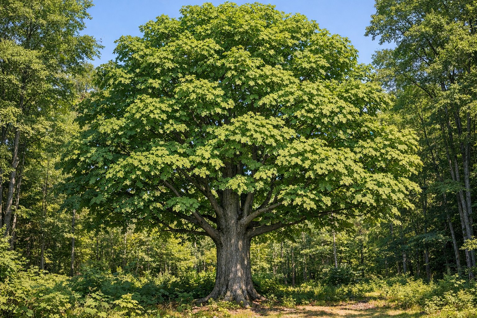 Sugar Maple tree (Acer saccharum) with a rounded green canopy in a northern hardwood forest