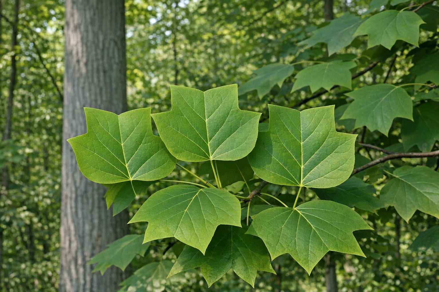 Yellow Poplar / Tulip tree (Liriodendron tulipifera) with tulip-shaped leaves in an eastern U.S. forest
