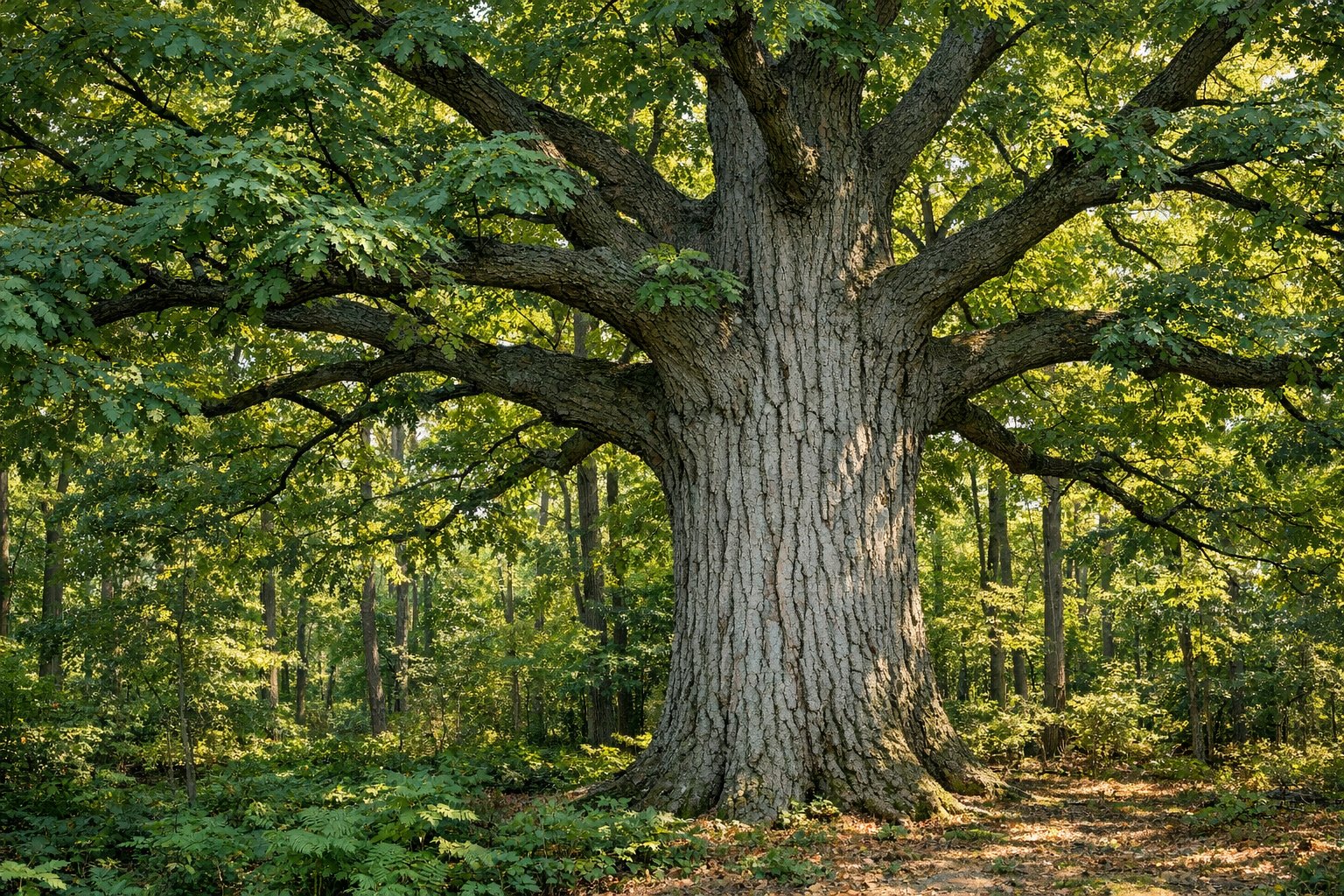 A mature white oak (Quercus alba) standing in an open field with a full leafy canopy
