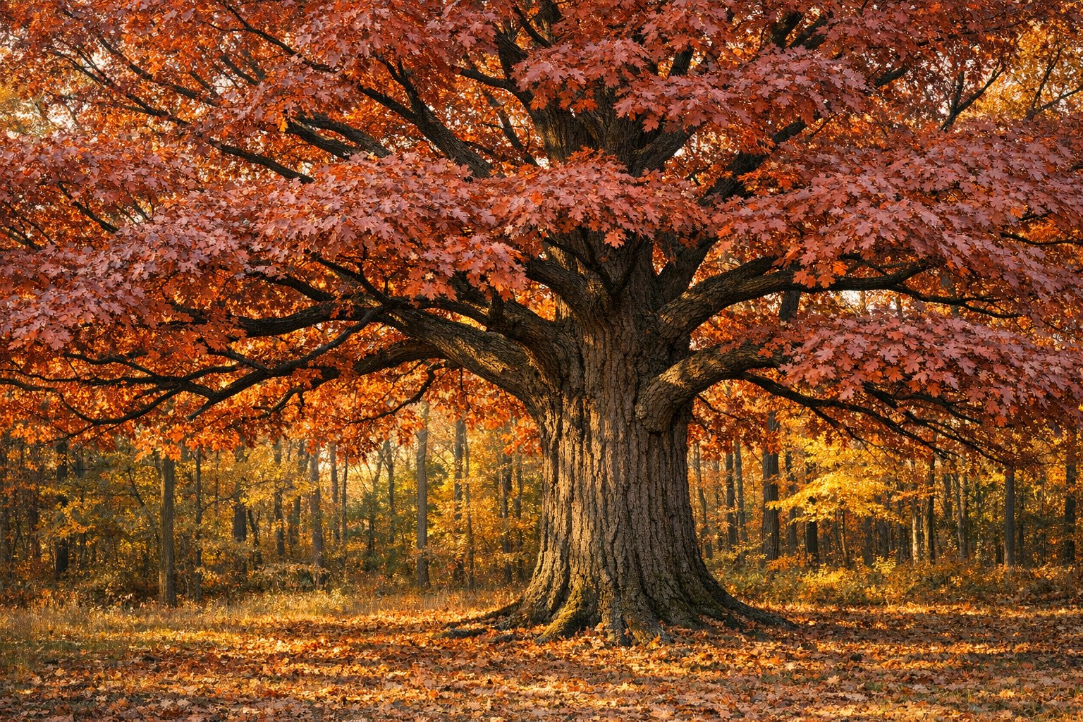 Northern Red Oak tree (Quercus rubra) with autumn foliage in an eastern U.S. hardwood forest